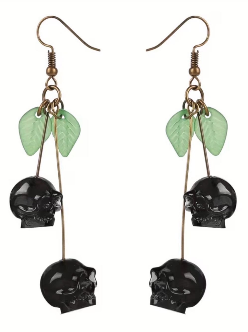 Black Skull & Green Leaf Dangle Earrings